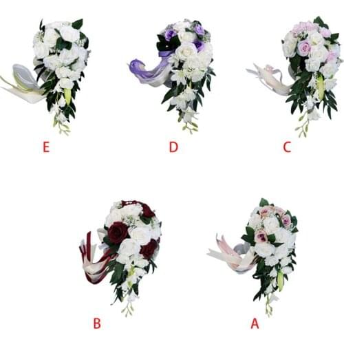 Teardrop Romantic Wedding Bridal Long Bouquet Artificial Rose Flowers with Ribbons Waterfall Flowers Bunch DIY Party 264E