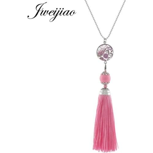 JWEIJIAO 2018 Long Pink Tassel Pendant Necklaces Glass Cabochon Geometric Pattern Charms Necklace Female Bohemia Jewelry HN214