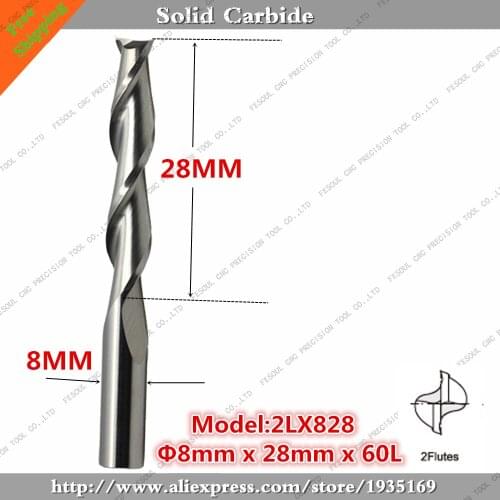8mm*28mm,5pcs,Free shipping 2 Flutes End Mill,CNC machine milling Cutter,Solid carbide woodworking tool,PVC,MDF,Acrylic,wood