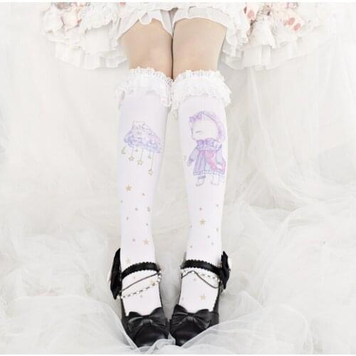Japanese Lolita Cute Lace Tube Socks Lolita Cat Over Knee socks Tube Socks Bottoming Socks Female Sweet Cartoon Print Stockings