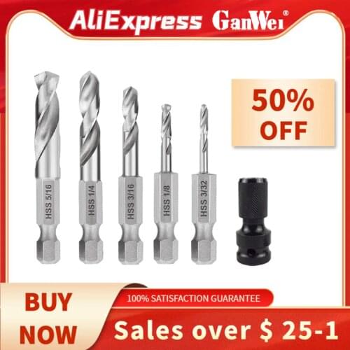 GanWei Stubby Drill Bit Set for Metal, 5 Piece | 1/4-Inch Quick Change Hex Shank M2 HSS Steel With Drill Bit Adapter