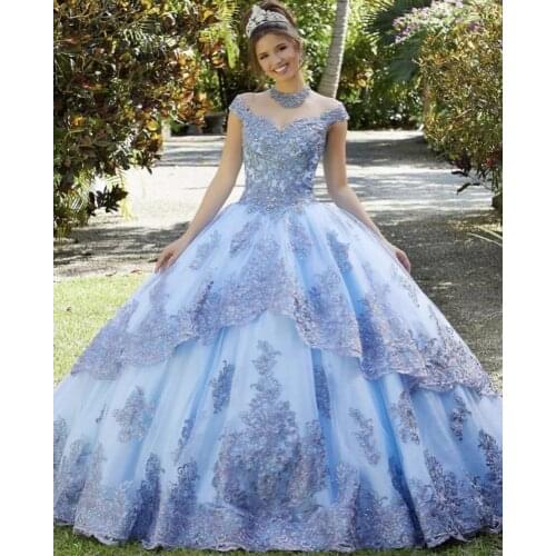 Sky Blue Cheap Quinceanera Dresses Ball Gown Off The Shoulder Tulle Appliques Beaded Puffy Sweet 16 Dresses