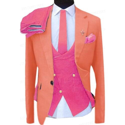 New Coral Mens Suits 3 Pieces Custom Slim Fit Business Blazer Groom Wedding Suit Tuxedo Prom Stage Performance Jacket Vest Pants