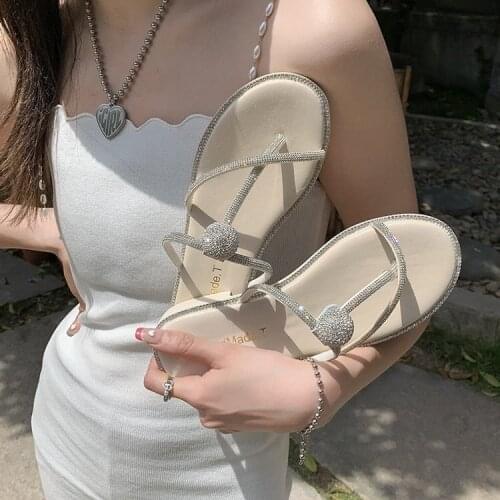 2021 Summer New All-Match Fairy Style Rhinestone Cross Toe Outdoor Slippers