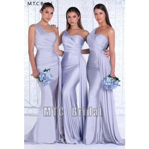 One Shoulder Long Bridesmaid Dresses Mermaid Pleat Satin Silver Wedding Party Gowns For Maid Of Honor Plus Size Women Dress