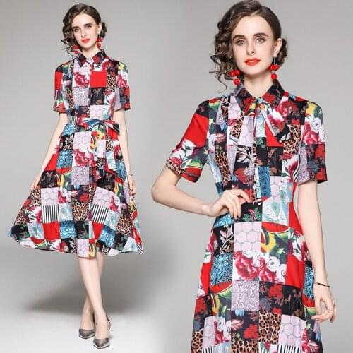England Style Birthday Dress for Women Elegant Fashion Turn-down Collar Belt Short Sleeve Brand Design Print Office Shirt Dress