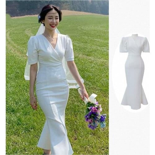 Sannian Women Dress 2021 Summer New V-neck Slim Knee-length Dress Waist-length Fishtail Pure White Dresses Women Clothes