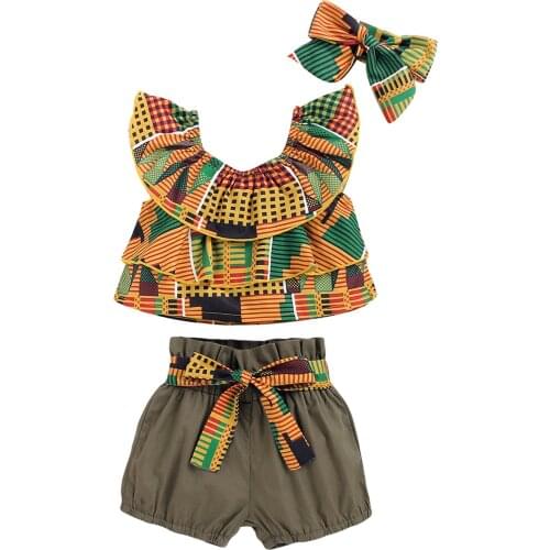 Three Piece Girl’s Clothes Fashion Geometric Print Sleeveless Tops and Solid Color Short Pants with Headband