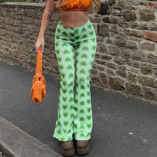 Heart Printed Gradient Women Flare Pants Gothic High Waist EGirl Slim Trousers 2021 Summer Fashion Streetwear Y2K Flare Pant