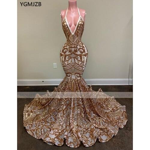 Backless Gold Long Prom Dresses 2020 Mermaid Halter Sleeveless Sparkly Sequin African Girl Formal Party Evening Gown Vestidos