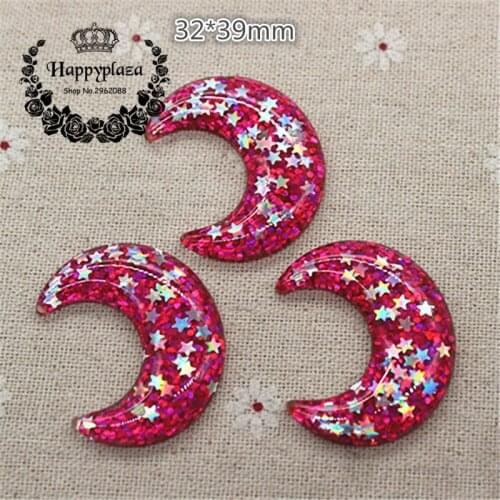 10pcs Kawaii Resin Glitter Hot Pink Moon Flatback Cabochon Art Supply Decoration Charm Craft DIY Accessories,32*39mm