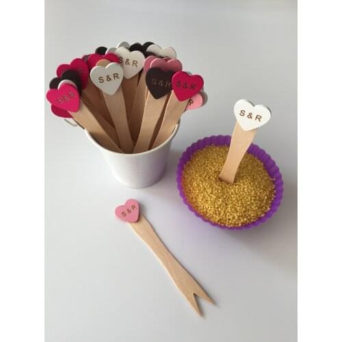 100pcs Disposable Bamboo Pick with White Heart Decorated Monogram Engraved Wedding Bridal Shower Party Cupcake Topper Food Sign