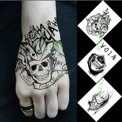 Waterproof Temporary Tattoo Sticker Clown Skull letter Combination In Hand Flash Tattoo Fake Tattoo for Men Women 3 Pcs