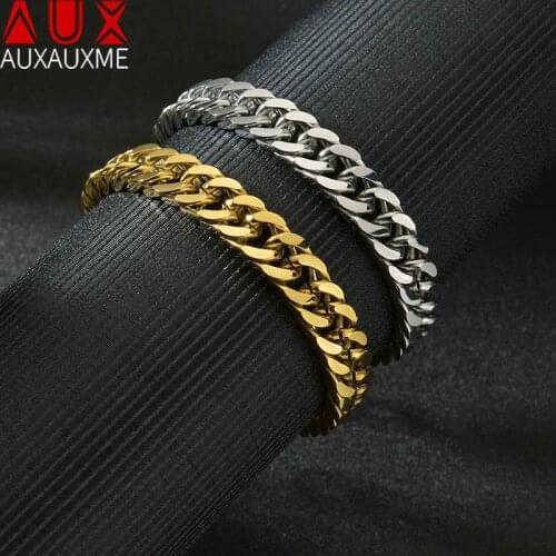 Auxauxme Stainless Steel Adjustable 11mm Wide Curb Cuban Link Chain Bracelet For Male Wrist Birthday Jewelry Gift