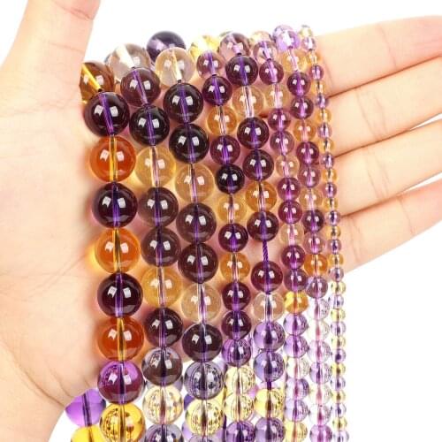 Natural Stone Beads Purple Yellow Crystal Quartz Charm Round Loose Beads for Jewelry Making Needlework Bracelet DIY 4-12 MM