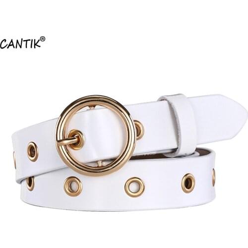 CANTIK Fashion Design Ring Pattern Decorative Gold Buckle Metal Genuine Leather Belts for Women Accessories 2.3cm Width FCA084