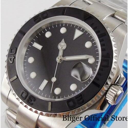 BLIGER Sterile 24 Jewels NH35 Men Watch Mechanical Movement Black Insert Brushed Strap Screw Down Crown Seeing Back