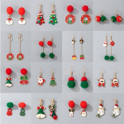 Docona Santa Claus Geometric Hairball Drop Earrings Elk Christmas Tree Cartoon Bell Long Chain Earring for Women Jewelry Gifts