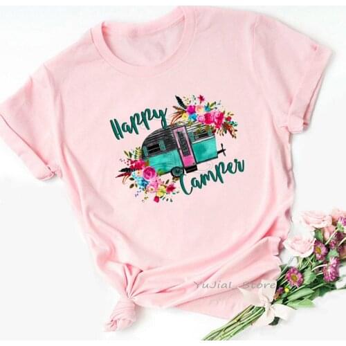 Happy Camper With Flowers Graphic Print Tshirt WomenS Clothing Harajuku Kawaii T Shirt Femme Summer Fashion T-Shirt Female