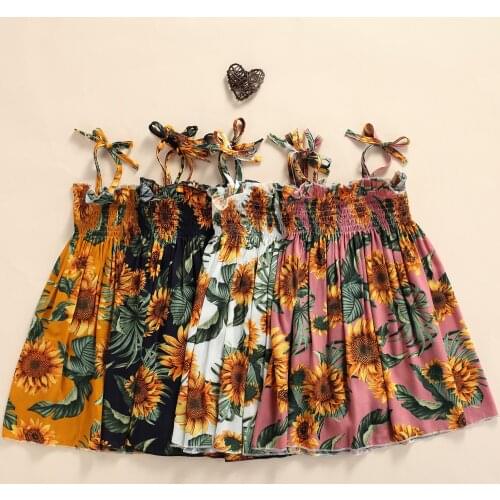 Summer Trendy Sweet Casual Children Sunflower Print Sling Dress with Ruffles Girls Large Hem Sleeveless Lace-up Dress