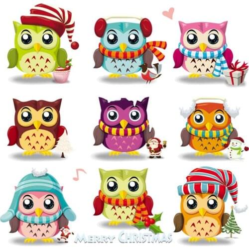 Cute Owls Ironing Stickers Christmas Owls 9Pcs/Set A-Level Washable Thermal Press Vinyl Diy Hoodies Tops Applique On Clothes