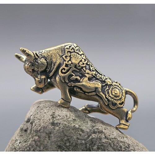 Mini Brass Ox Figurine Animal Statue Metal Retro Bull Wealth Feng Shui Ornament for Desktop Decoration DIY Pendant Home Decor