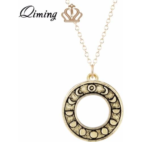 QIMING Antique fashion Round Charm Phases of the Moon Necklace Best Friend Gift Necklaces For Women Lover Jewelry Collier Femme