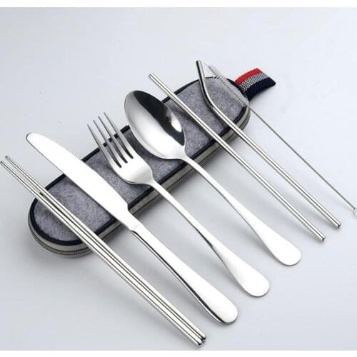 8Pcs Stainless Steel Dinnerware Set Spoon Travel Utensils Set For Spoon Fork Chopsticks Straw Portable Case Dinner Tableware