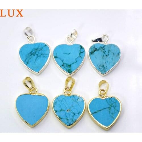 New Style natural blue howlite pendants Gold Silvers Edged Heart Shaped Pendant Turquoises Slab Charms Beads Jewelry