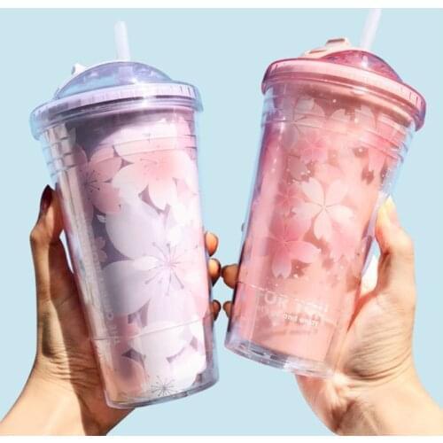 Sakura Plastic Cup with Lid Straw Water Bottle Drinking Juice Milk Coffee Mug Double Wall Insulated Tumbler BPA Free
