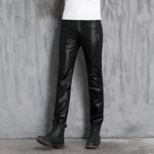 Genuine Pants Leather Mens Quality Black Motorcycle Pants The first layer of Sheepskin Pants Male Personality Leather Pants