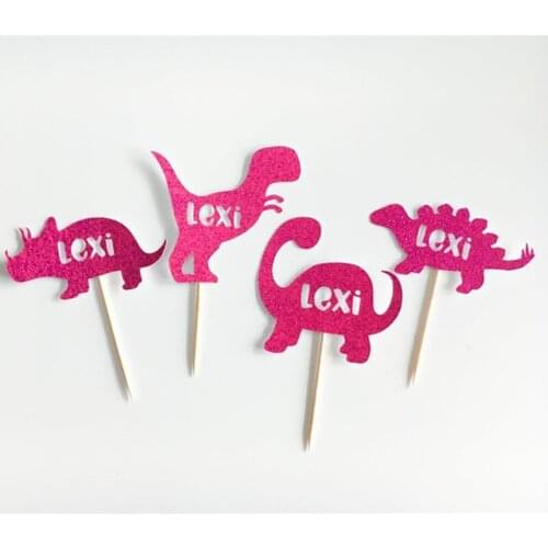 Custom Dinosaur Glitter Cupcake Toppers baby showe Colorful milestones birthday food toothpicks Custom any tex Set of 12