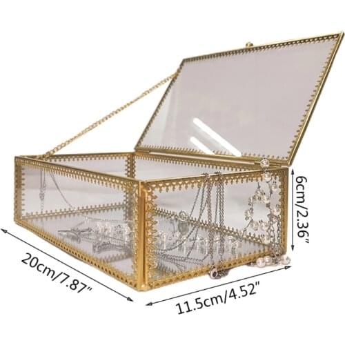Rectangle Gold Brass Glass Jewelry Trinket Box Lace Jewelry Display Organizer P9YF