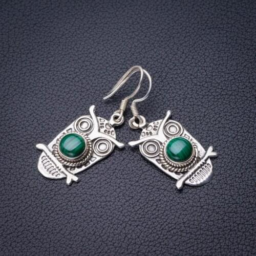 StarGems Natural Malachite Owl Handmade 925 Sterling Silver Earrings 1.5" D6740