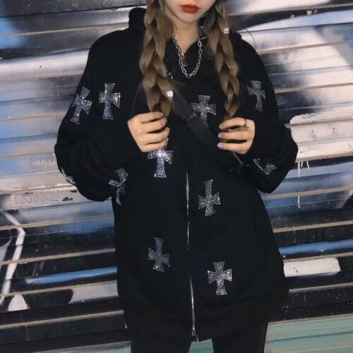 Rhinestone Gothic Clothes Long Sleeve Top Black Zip Hoodies Y2k Hip Hop Joggers Sweatshirt Korean Fashion Punk Unisex Sport Coat