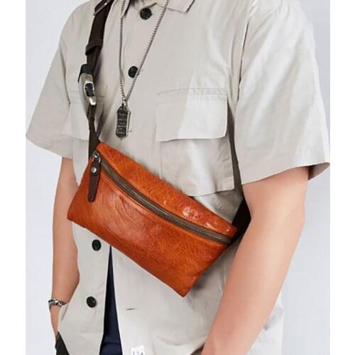 AETOO Genuine leather mens chest bag, retro mini cell phone waist bag, mens trendy leather messenger bag