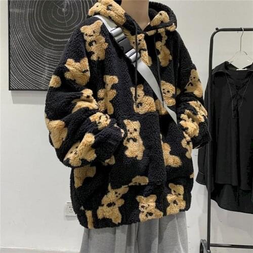 Harajuku hoody bear full print sweatshirt women clothes kawaii cyber y2k loose autumn winter couples padded lamb wool hooded top