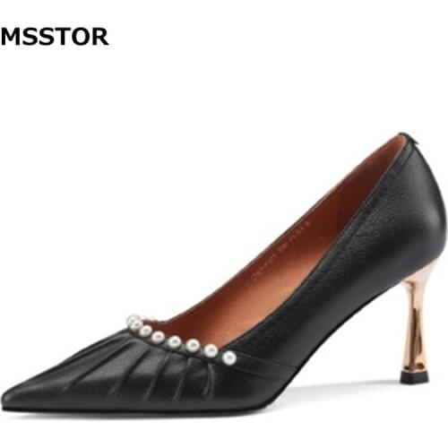 Rivet Pointed Toe Shoes Women High Heels Shallow Elegant Party Genuine Leather Autumn Spring Ladies Pumps Thin Slip-On Black