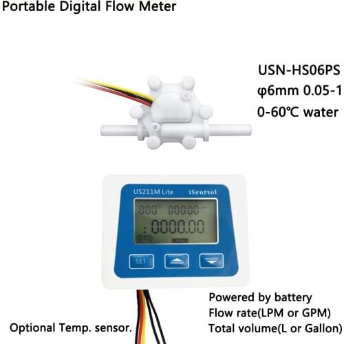 US211M Lite Portable Digital Flow Meter & USN-HS06PS 0.05-1.0L/min Water Sensor φ6mm POM Plastic iSentrol Zhongjiang Saier