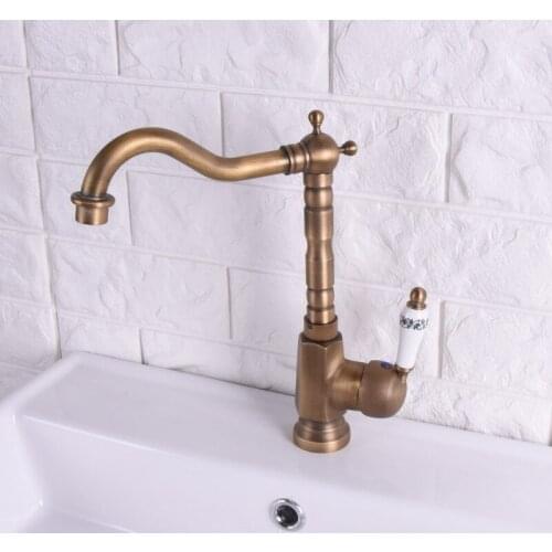 Vintage Retro Antique Brass Single Handle One Hole Bathroom Kitchen Basin Sink Faucet Mixer Tap Swivel Spout Deck Mounted msf114