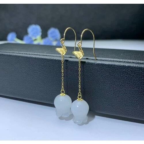 SHILOVEM 18k yellow gold real Natural white Jasper drop earring classic fine Jewelry women wedding gift 8*10mm myme0810599hby