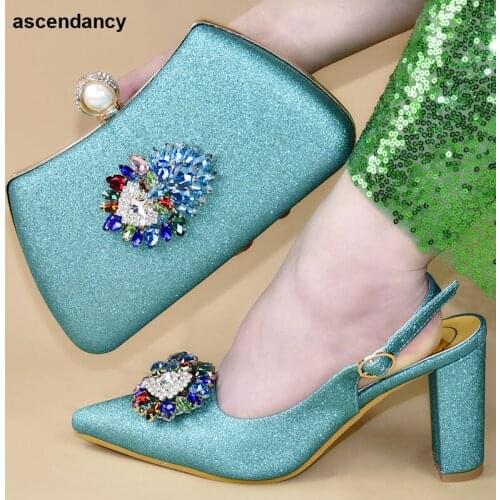 African Women Party Pumps Italian Shoes and Bag Set for Wedding Sales In Women Elegant Crystal Shoes Matching Shoes and Bag Set