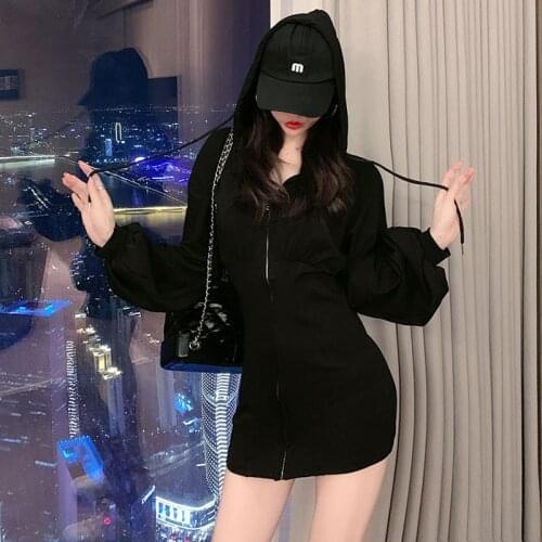 Women Dresses Autumn Winter 2020 Gothic Dress with Hood Sexy Bodycon Vetement Femme Vestidos Zip Up Casual Mini Vestido Punk