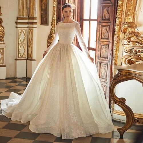 Robe De Mariee Long Sleeve Ball Gown Wedding Dress Simple Sukienka Na Wesele Backless Princess Bride Dresses Shining Trouwjurk