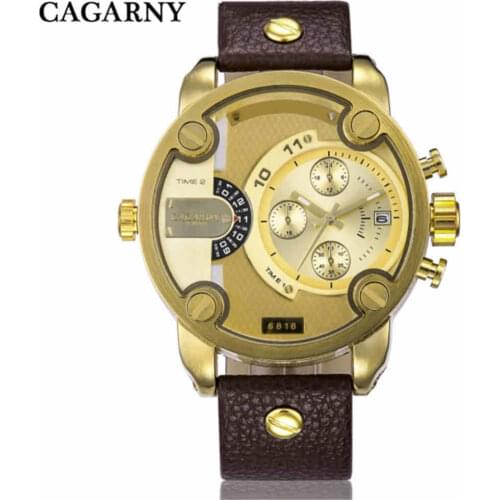 CAGARNY Men Quartz Clock Watches Fashion Man Luxury Watch Sport Gold Military Dual Time Zone Display Calendar Watch Montre Femme
