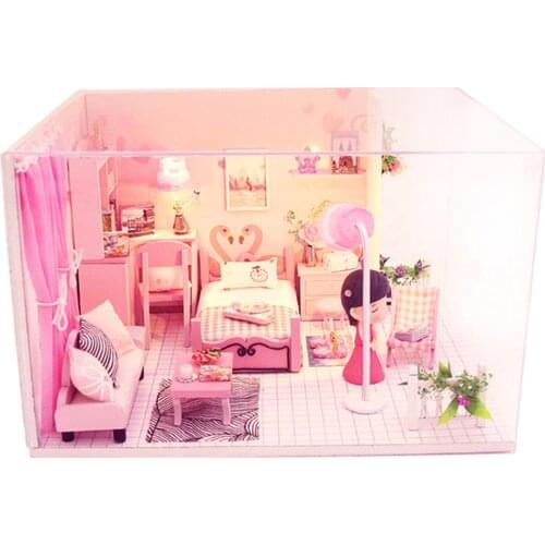Handcraft Dollhouse Plus LED Light & Dustproof Case Battery Case Wood Crafts Pink Cottage 3D Puzzles Model for Valentines Day