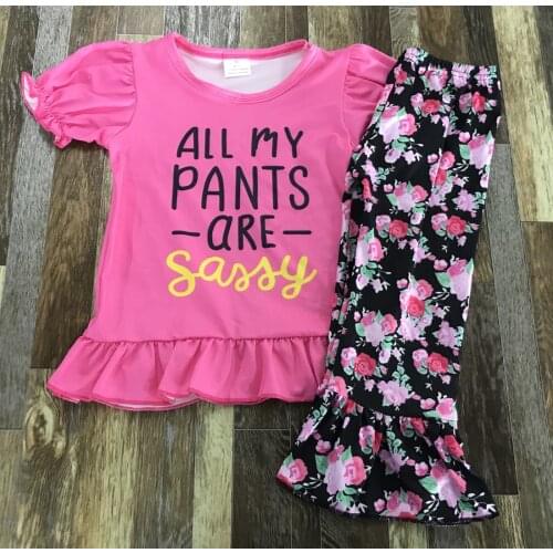 2021 Kids summer Clothing Baby Girl Sassy Alphabet Print Rose Lace Top Rose Flared Pants Set