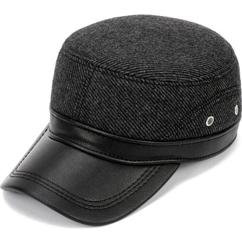 Fibonacci Fashion Nylon PU Patchwork Baseball Cap Middle Aged Old Age Plus Velvet Ear Flap Flat Top Winter Caps Men Dad Hats
