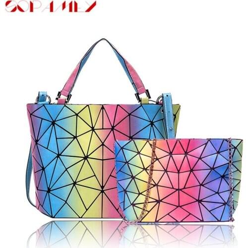 Lrregular Geometric Folding 2 Set Ladys Handbag Rainbow Fashion Shoulder Bag Contracted Luxury Tote Style All-Match Chain Bag
