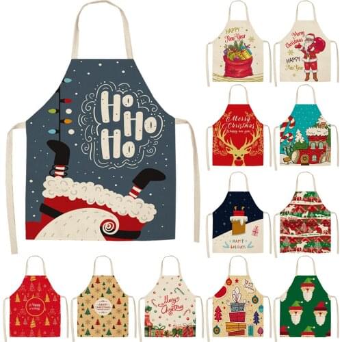 Linen Merry Christmas Apron Christmas Design Santa Claus Home Kitchen Cooking Baking Party Prop Apron New Year Christmas Gifts
